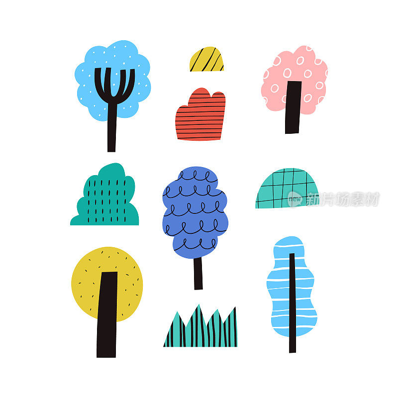Abstract trees and bushes collection clipart isolated on white background. Hand drawn flat cartoon forest plants set with texture, doodle drawings. Cute colorful botanical woodland vector illustration